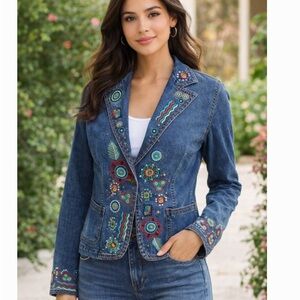 ruby Rd. Embroidered Denim Jacket ramie / cotton blend size 10